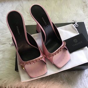 VERSACE Versace Artifact Embellished Satin Mules